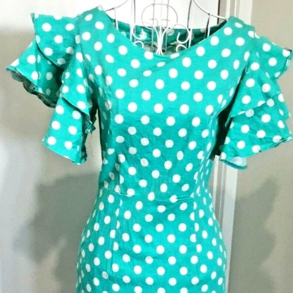 heart & Lace Dresses & Skirts - Ladies Dress Aqua White Polka Dot ROCKABILLY Sz 8-10 VGUC Cap Sleeves